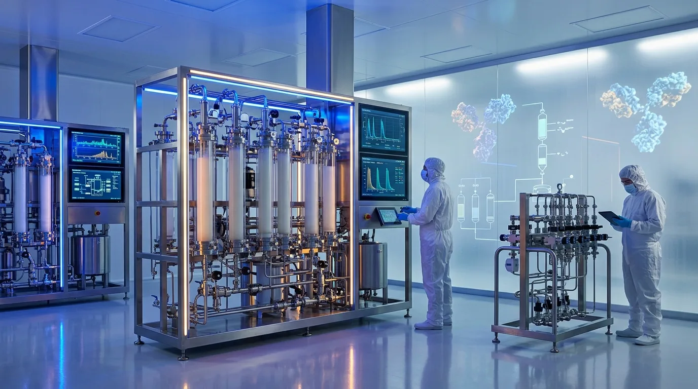 Multi-column continuous chromatography skid in modern bioprocess facility